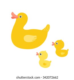 Rubber duck family. Carton mother duck with two ducklings. Baby shower design element. Yellow duck with her babies. Mothers Day concept. Clipart eps 10 illustration isolated on white background. 
