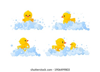 Rubber duck family in soap foam isolated in white background. Set of yellow plastic duck toys in suds, parent and baby. Vector illustration in cartoon style