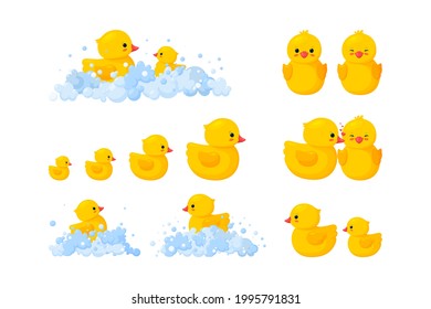 Rubber duck family in soap foam isolated in white background. Big set of yellow plastic duck toys in suds, parent and baby. Vector illustration in cartoon style