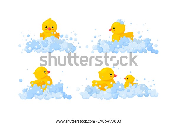 Rubber duck family in soap\
foam isolated in white background. Set of yellow plastic duck toys\
in suds, parent and baby. Vector illustration in cartoon\
style