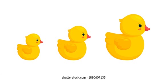 Rubber duck family with two ducklings isolated in white background. Side view of yellow plastic toys, parent and children. Vector illustration in cartoon style