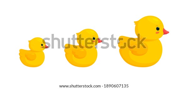 Rubber duck family with two\
ducklings isolated in white background. Side view of yellow plastic\
toys, parent and children. Vector illustration in cartoon\
style
