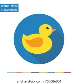 Rubber duck flat icon with long shadow. Vector Illustration.