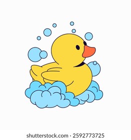 Rubber duck floating in bubbles cartoon vector hand drawn illustration perfect for bath time themes and children's products