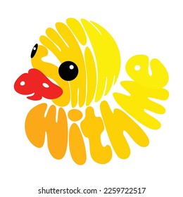 Rubber duck in the form of the text "go swim with me". Yellow children's bath toy made of letters. Motivator to effortlessly learn to swim