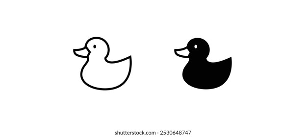 Ícone de pato de borracha patinho. Brinquedo de banho infantil . pássaro, linha de animais de fazenda e conjunto de ícones planos, traço editável isolado em branco, ilustração de contorno de vetor linear, estilo de design de logotipo de símbolo