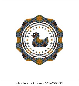 rubber duck icon inside arabesque badge background. arabic decoration.