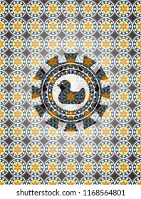 rubber duck icon inside arabic style emblem. Arabesque decoration.