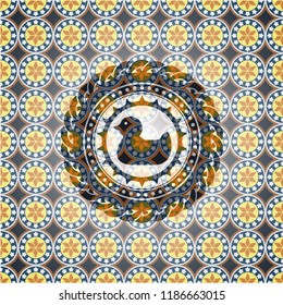 rubber duck icon inside arabic style emblem. Arabesque decoration.