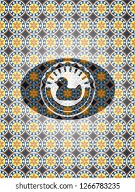 rubber duck icon inside arabic badge background. Arabesque decoration.