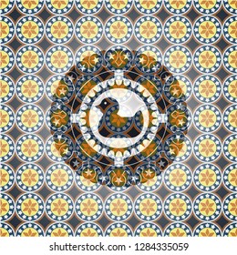 rubber duck icon inside arabic badge background. Arabesque decoration.