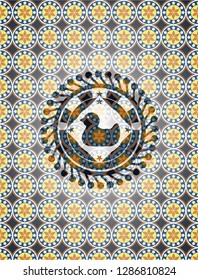 rubber duck icon inside arabic emblem background. Arabesque decoration.
