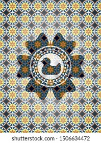 rubber duck icon inside arabic style emblem. Arabesque decoration.