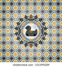 rubber duck icon inside arabic style emblem. Arabesque decoration.