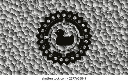 rubber duck icon inside black emblem with bubbles background. Vintage. Vector Illustration. Detailed. 
