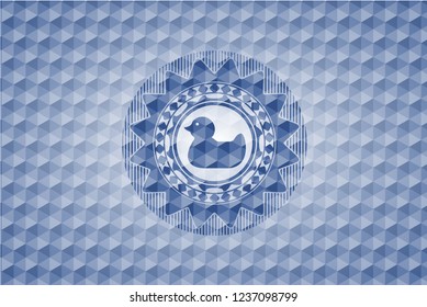 rubber duck icon inside blue emblem or badge with abstract geometric polygonal pattern background.