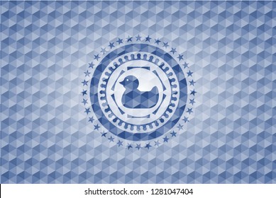 rubber duck icon inside blue emblem or badge with abstract geometric pattern background.