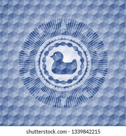 rubber duck icon inside blue emblem with geometric pattern.