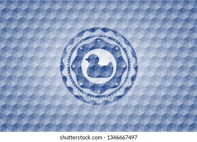 rubber duck icon inside blue emblem or badge with abstract geometric polygonal pattern background.