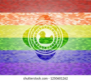 rubber duck icon inside emblem on mosaic background with the colors of the LGBT flag
