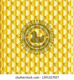 rubber duck icon inside gold emblem or badge. Scales pattern. Vector Illustration. Detailed.