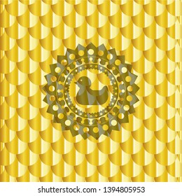 rubber duck icon inside gold badge or emblem. Scales pattern. Vector Illustration. Detailed.