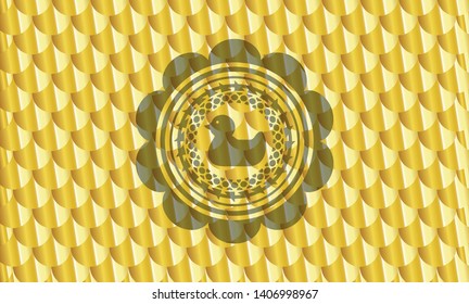 rubber duck icon inside gold shiny badge. Scales pattern. Vector Illustration. Detailed.