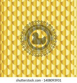 rubber duck icon inside gold badge. Scales pattern. Vector Illustration. Detailed.