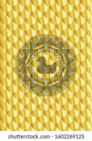 rubber duck icon inside gold emblem. Scales pattern. Vector Illustration. Detailed.
