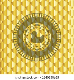 rubber duck icon inside gold badge or emblem. Scales pattern. Vector Illustration. Detailed.