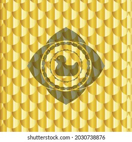 rubber duck icon inside gold badge or emblem. Scales pattern. Vector Illustration. Detailed. 