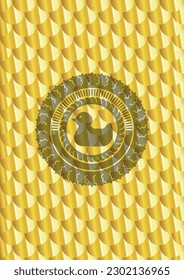 rubber duck icon inside golden emblem or badge. Scales pattern. Vector Illustration. Detailed. 