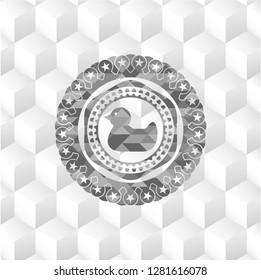 rubber duck icon inside grey emblem with geometric cube white background