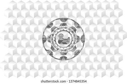 rubber duck icon inside grey emblem. Vintage with geometric cube white background