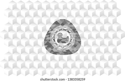 rubber duck icon inside grey badge with geometric cube white background