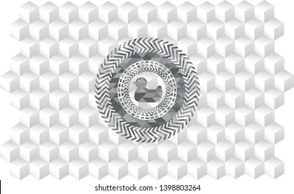 rubber duck icon inside grey emblem with geometric cube white background