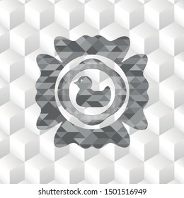 rubber duck icon inside grey emblem. Vintage with geometric cube white background