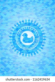 rubber duck icon inside light blue emblem. Mosaic background