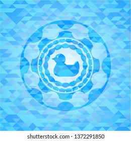 rubber duck icon inside light blue emblem. Mosaic background