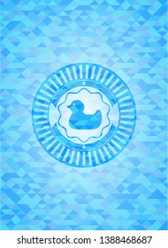 rubber duck icon inside light blue emblem with triangle mosaic background