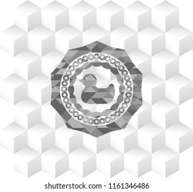 rubber duck icon inside realistic grey emblem with geometric cube white background