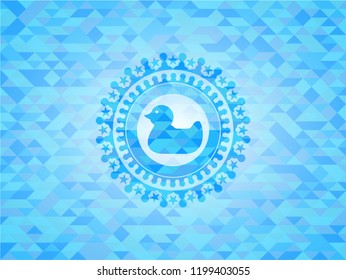 rubber duck icon inside realistic sky blue emblem. Mosaic background