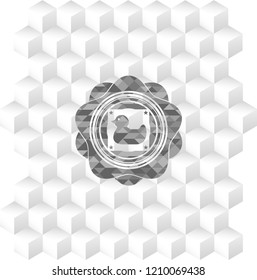 rubber duck icon inside realistic grey emblem with cube white background