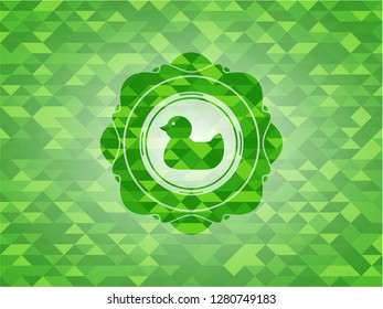 rubber duck icon inside realistic green emblem. Mosaic background