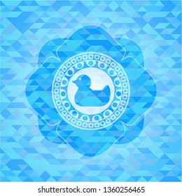 rubber duck icon inside realistic sky blue emblem. Mosaic background