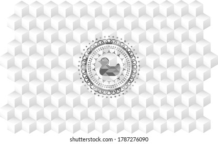 Gummiente-Symbol in realistisch grauem Emblem mit würfelweißem Hintergrund. 