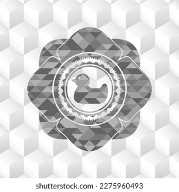 rubber duck icon inside realistic grey emblem with geometric cube white background. 