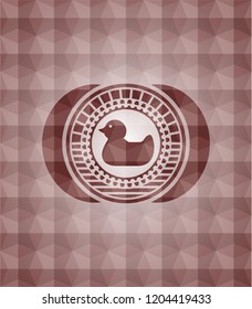 rubber duck icon inside red emblem with geometric background. Seamless.