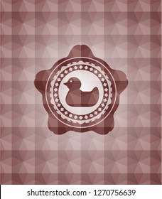 rubber duck icon inside red emblem or badge with abstract geometric pattern background. Seamless.