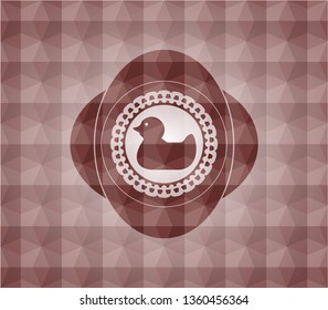 rubber duck icon inside red seamless emblem or badge with geometric pattern background.